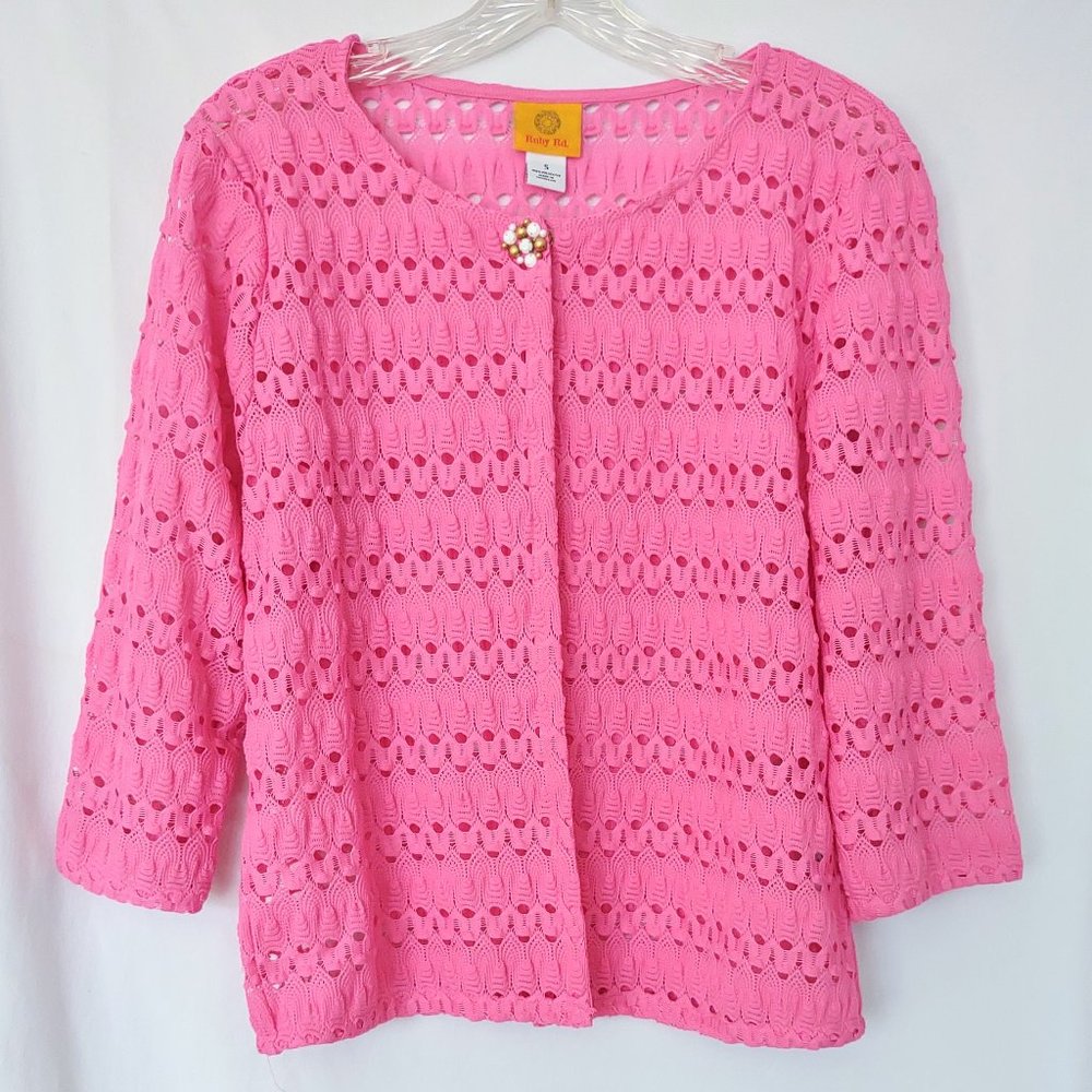 Ruby Rd Pink Knit Open Weave Front Cardigan S Small Jeweled Snap Closure EUC